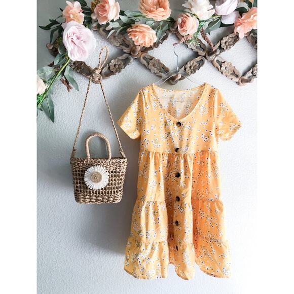 Frolicking In The Flowers Golden Blooming Floral Floaty Swing Dress 6/7 - Picture 2 of 6